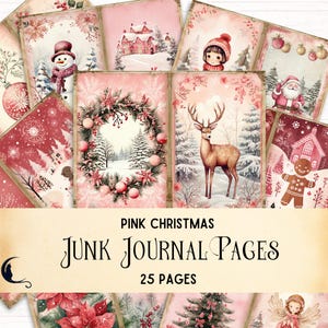 Pink Christmas Junk Journal, Cute Pastel Christmas Printable Pages, Vintage Ephemera, Holiday Scrapbooking Supplies, Pink Digital Papers