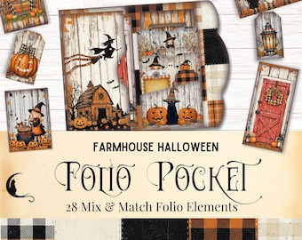 Farmhouse Halloween Junk Journal Folio Pocket Kit, Printable Whimsical Cottagecore Ephemera, Rustic Spooky Scrapbook, DIY Craft Supplies