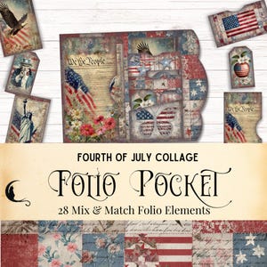 Kit folio pliant pour journal indésirable collage 4 juillet, kit scrapbooking patriotique, éphémères numériques de poche USA, étiquettes Americana rouge blanc et bleu