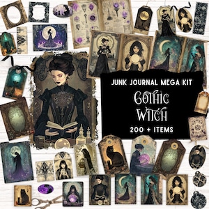 Kit de diário de bruxa gótica, pasta de bolso vintage com itens efêmeros de bruxaria sombria, livro das sombras, grimório para impressão, scrapbooking faça você mesmo com bruxaria