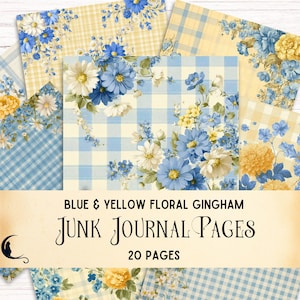 Blau & Gelb Floral Gingham Junk Journal Seiten, druckbare Vintage Ephemera, digitales Scrapbook Kit, kariertes Shabby Chic DIY Bastelbedarf