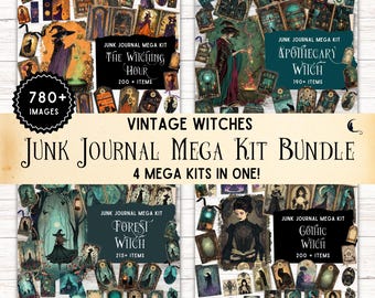 Vintage Witch Junk Journal Kit Bundle, Witchy Apothecary Ephemera, Printable Folio Pocket, Digital Grimoire, Witchcraft DIY Craft Supplies