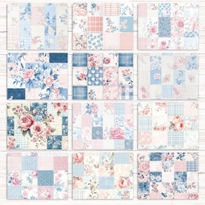 K&ouml;nnte beinhalten: Eine Sammlung floraler Patchwork-Designs in Rosa, Blau und Wei&szlig;. Jedes Quadrat zeigt ein anderes Muster, darunter Rosen, Vichy-Karo und Blumendrucke. Die Gesamt&auml;sthetik ist vintage und romantisch, ideal f&uuml;r Bastel- oder Wohnkulturprojekte.