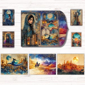 May include: A collection of digital art prints featuring Middle Eastern-inspired fantasy themes, including a person in a headscarf with books, a figure on a flying carpet, desert landscapes with camels, and ornate palace architecture under a full moon.
