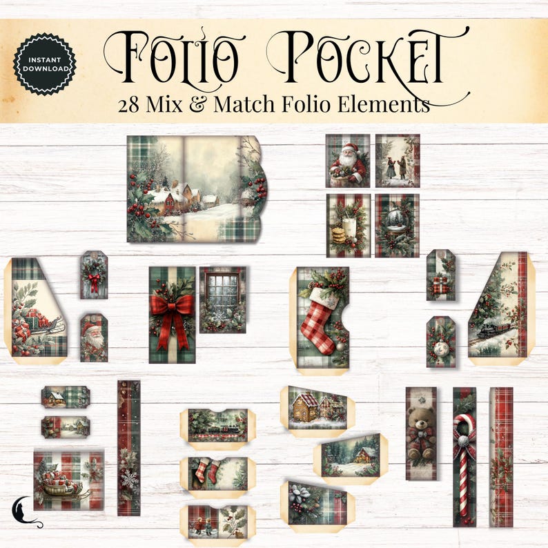 Rustic Cottage Plaid Christmas Junk Journal Folio Kit, Printable Pocket ...