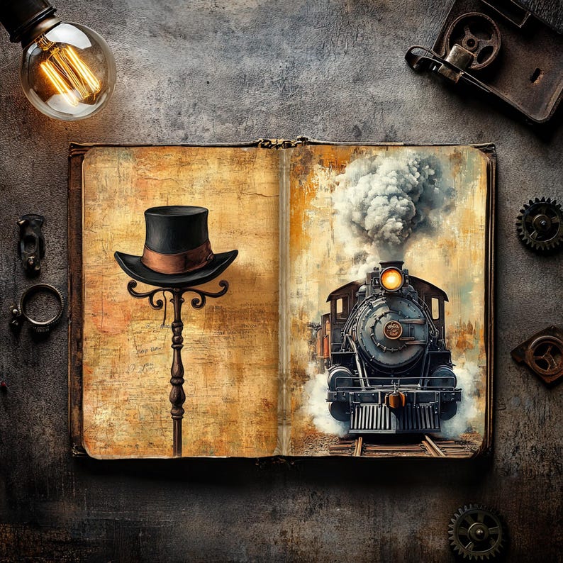 May include: An open book featuring an illustration of a black top hat on a stand on the left page and a steam locomotive emitting smoke on the right page. The pages have a vintage, textured, yellowed appearance with visible script writing.