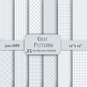 Paquet de papier numérique gris motifs sans couture, carreaux, vichy, pied-de-poule, rayures, papier de scrapbooking, arrière-plans imprimables, usage commercial JPG