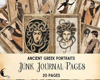 May include: A collection of twenty junk journal pages featuring illustrations of ancient Greek figures and mythological characters like Medusa. The pages have a vintage, aged paper appearance with decorative borders and black text overlays.