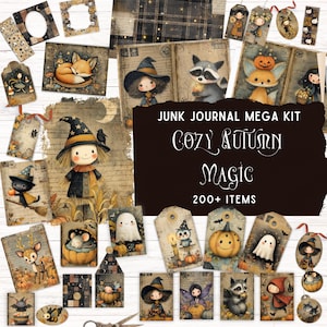 Cozy Autumn Magic Junk Journal Kit, Printable Folio Pocket, Vintage Cute Halloween Ephemera, Rustic Digital Scrapbook, DIY Craft Supplies