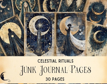 May include: A collection of celestial-themed junk journal pages. The pages feature illustrations of moons, stars, and figures in dark blue, gold, and cream tones. The text on the pages reads "Celestial Rituals" and "Junk Journal Pages, 30 Pages."