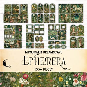 Midsummer Dreamscape Junk Journal Efemere Kit, Mystieke Efemere, Grillige Scrapbook Kit, Surrealistische Volkskunst Fantasy Craft Supplies Tags Kaarten