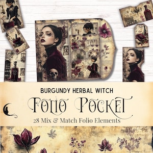 Kit de diário de bruxa de ervas, bolso para impressão de boticário vintage, itens botânicos, álbum de recortes de ervas, artesanato em papel de magia da terra