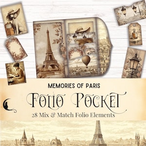 May include: A collection of vintage-style paper ephemera with a Parisian theme. The set includes images of the Eiffel Tower, hot air balloons, and antique illustrations. The text "Memories of Paris" and "Folio Pocket" are also visible.