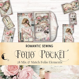 Kit folio couture romantique, carnet de notes en dentelle shabby chic, pochette imprimable éphémère victorienne vintage, feuille de collage album numérique rose