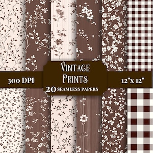 May include: A collection of 20 seamless digital papers featuring brown and white patterns including floral, vine, and gingham designs. The image displays the text Vintage Prints, 300 DPI, 20 seamless papers, and 12 inches by 12 inches.