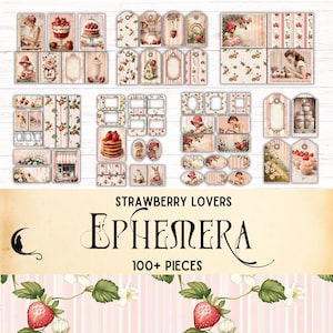 Retro Strawberry Junk Journal Kit, Printable Vintage Bakery Ephemera, Spring Digital Scrapbooking Supplies, DIY Crafts, Tags, Cards, Washi