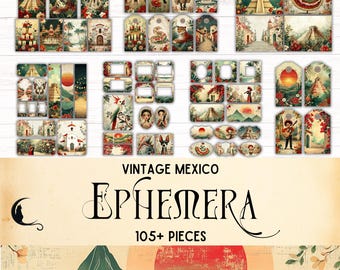May include: A collection of over 105 vintage Mexico themed ephemera pieces featuring illustrations of pyramids, dancers, animals, and landscapes. The text VINTAGE MEXICO EPHEMERA 105+ PIECES is printed in black on a cream background with a crescent moon icon.
