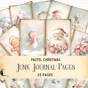 Cute Pastel Christmas Printable Pages, Pink Christmas Junk Journal, Vintage Ephemera, Holiday Scrapbooking Supplies, Pink Digital Papers