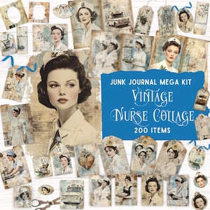 Nurse Junk Journal Kit, afdrukbare foliokit, vintage verpleegkundigen, kortstondige verpleegkundigen, mixed media collagevel digitaal papier, medische plakboekkit, ambachten