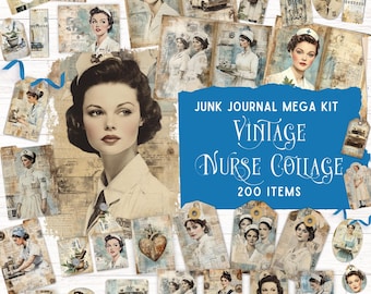 Puede incluir: Un kit de junk journal con imágenes de enfermeras vintage, incluyendo retratos, ilustraciones médicas, ambulancias y etiquetas. El conjunto contiene 200 artículos con el texto Junk Journal Mega Kit Vintage Nurse Collage.
