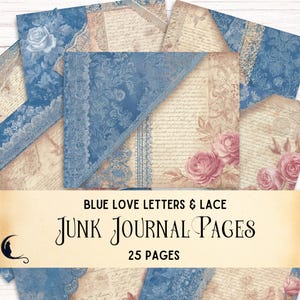 Papel digital con cartas de amor antiguas y encaje, efímeras vintage para diarios basura, fondos imprimibles para álbumes de recortes, páginas románticas de relleno azul rey.