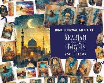 Arabian Nights Junk Journal Kit, Printable Pocket Folio, Vintage Fantasy Ephemera, Digital Magical Scrapbook Paper Crafts