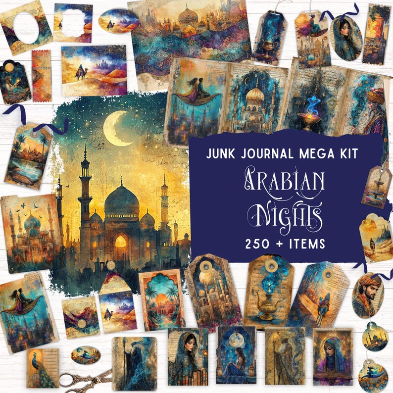May include: A junk journal mega kit titled Arabian Nights with 250 plus items featuring various paper ephemera, tags, and cards decorated with watercolor-style illustrations of desert landscapes, ornate palaces, magic lamps, and figures.