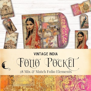 Vintage India Travel Junk Journal Folio Kit antieke Sari Ephemera, kleuren van India afdrukbare zak, kleurrijke digitale collage plakboekkunst