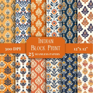Könnte beinhalten: Eine Sammlung von 25 nahtlosen indischen Blockdruckpapieren. Die Papiere zeigen detaillierte florale und geometrische Muster in Orange, Gelb, Blau und Weiß. Jedes Papier misst 30,48 cm x 30,48 cm und hat 300 DPI.