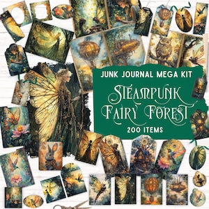 Kit de journal indésirable de forêt féerique steampunk, kit folio imprimable, fées vintage grunge industriel éphémères fantastiques, fournitures de scrapbooking uniques