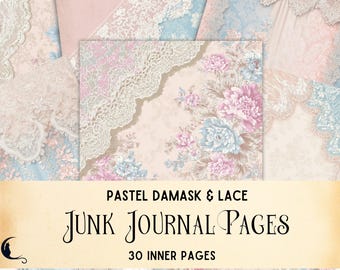 Antique Pastel Damask & Lace Digital Paper, Vintage Junk Journal Ephemera, Printable Scrapbook Backgrounds, Romantic Victorian Filler Pages