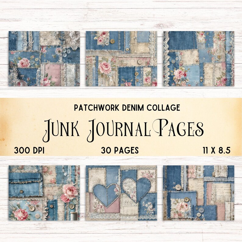 Denim Patchwork Junk Journal Kit, Digital Printable Paper Collage ...