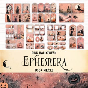 Pink Halloween Junk Journal Ephemera Kit, Whimsical Pastel Goth Printable, Spooky Cute Ghosts, Witchy Digital Scrapbook DIY Craft Supplies