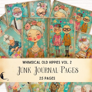 Kit de journal indésirable fantaisiste vieux hippies, papier numérique mignon couple de personnes âgées, grand-mère de dessin animé rétro vintage coloré, vieille dame décalée, grand-père