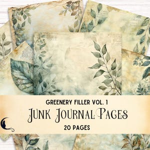 Páginas de preenchimento de diário de lixo verde, itens botânicos, álbum de recortes imprimível de natureza herbácea, pacote de papel digital vintage para jardim rústico