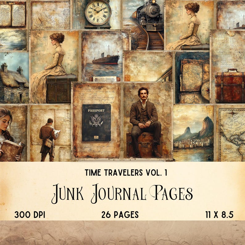 May include: A collection of vintage-style junk journal pages titled Time Travelers Vol. 1, featuring 26 pages measuring 11 by 8.5 inches at 300 DPI. The imagery includes a passport, a man on a trunk, a train, a ship, and various historical scenes.