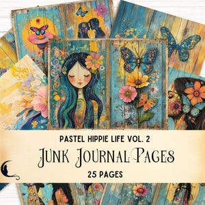Kit de diario hippie con motivos pastel, collage de técnica mixta y collage de scrapbooking, chica peculiar, papel digital colorido, efímera de chica hippie retro