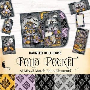May include: A Halloween-themed folio pocket with a haunted dollhouse design. The image features a spooky house, bats, pumpkins, and other Halloween elements. The text reads "Haunted Dollhouse Folio Pocket" and "28 Mix & Match Folio Elements."