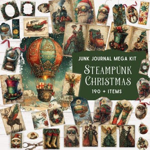 Kit de carnets de Noël steampunk, éphémères vintage, créations en papier, papier de scrapbooking numérique, folio pliant imprimable, travaux manuels uniques pour les fêtes
