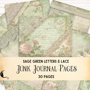 Papel digital con cartas de amor antiguas y encaje, efímeras de diario vintage, fondos imprimibles para álbumes de recortes, páginas románticas de relleno verde salvia.