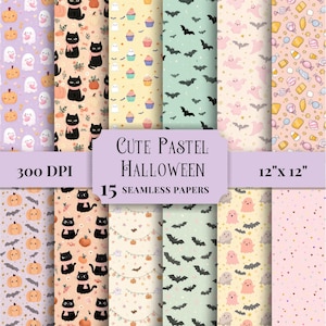 Zestaw bezszwowego, uroczego, pastelowego papieru cyfrowego na Halloween, wzory kawaii, dzienniki śmieci, tła na Halloween, duchy, nietoperze, artykuły do rękodzieła cukierniczego