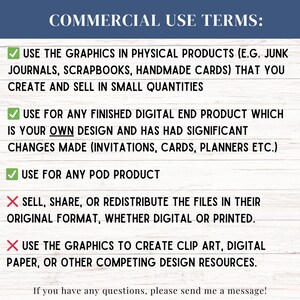 May include: A white background with text detailing commercial use terms for graphics. The text is in a dark blue header that reads "COMMERCIAL USE TERMS:". The terms include what is and is not allowed when using the graphics.