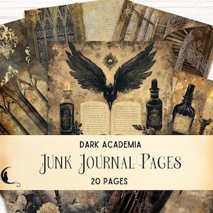 Może przedstawiać: Zestaw 20 drukowanych stron do dziennika z motywem ciemnej akademii. Strony zawierają obrazy czarnego kruka, otwartych książek, butelek z eliksirami, świec i gotyckiej architektury. Tekst "DARK ACADEMIA JUNK JOURNAL PAGES 20 PAGES" jest wydrukowany na dole obrazu.