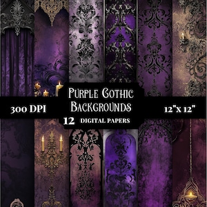May include: Twelve digital papers featuring purple gothic backgrounds with intricate black patterns and candle accents. The papers are 12 inches by 12 inches and 300 DPI.