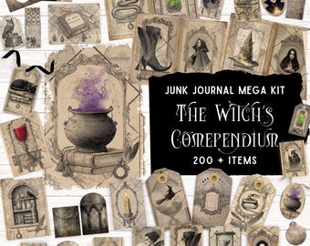 May include: A collection of paper ephemera for junk journaling titled Junk Journal Mega Kit The Witch's Compendium 200 + Items, featuring vintage-style illustrations of cauldrons, snakes, skulls, candles, boots, and gothic portraits in sepia tones.