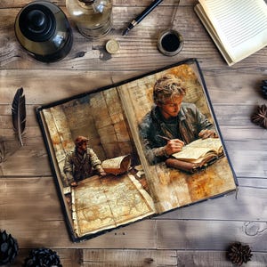 May include: An open book featuring an illustration of a person in a jacket studying a large map on the left page and a person writing in a journal on the right page, surrounded by a fountain pen, a glass bottle, and a notebook on a wooden surface.