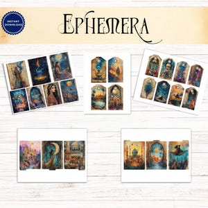 May include: A digital collection of printable ephemera featuring various artistic illustrations with themes of desert landscapes, ornate architecture, night skies, and figures. The set includes rectangular cards and gift tags with rich, dark color palettes.