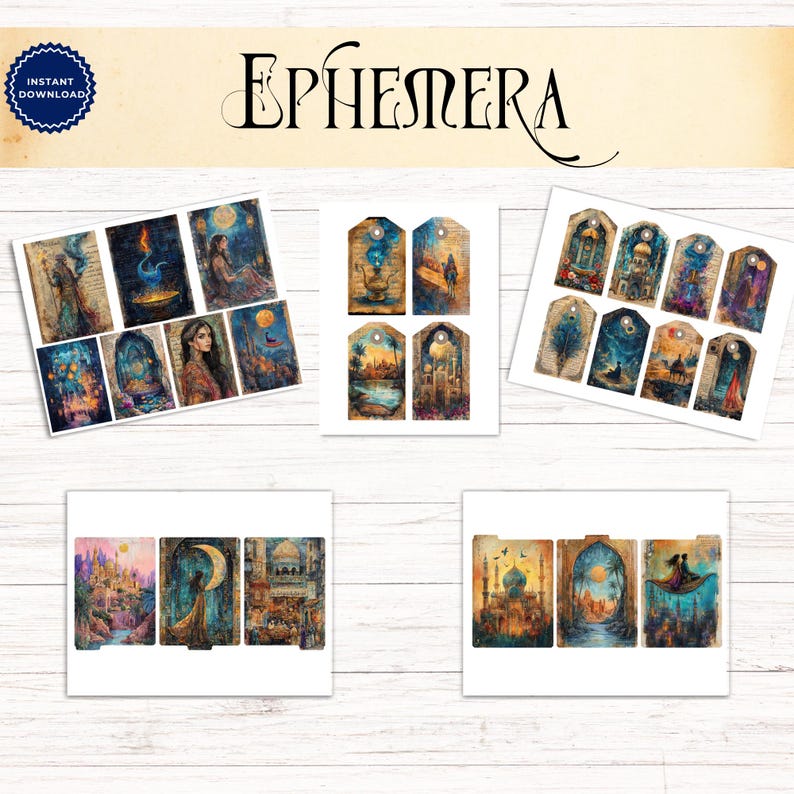 May include: A digital collection of printable ephemera featuring various artistic illustrations with themes of desert landscapes, ornate architecture, night skies, and figures. The set includes rectangular cards and gift tags with rich, dark color palettes.