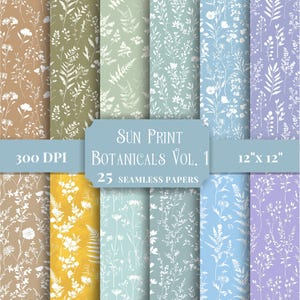Padrões sem emendas de cianótipo, fundos florais botânicos vintage, papel digital inspirado na natureza, designs de scrapbook boho, materiais para artesanato