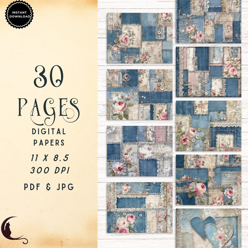 Denim Patchwork Junk Journal Kit, Digital Printable Paper Collage ...